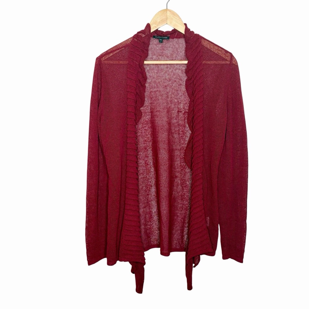 Eileen Fisher Open Cardigan Red Womens Small Linen Blend Sheer Layering Career